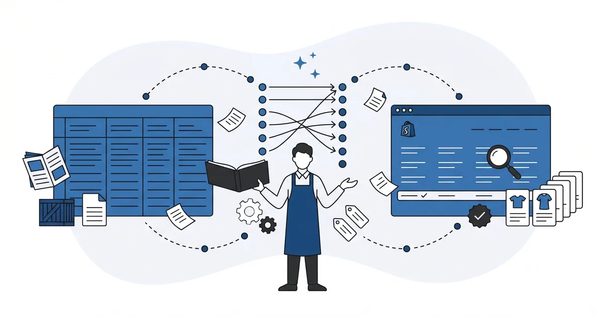 AI field-maps a supplier CSV to WooCommerce, the cleanup preventing duplicate taxonomy on import.