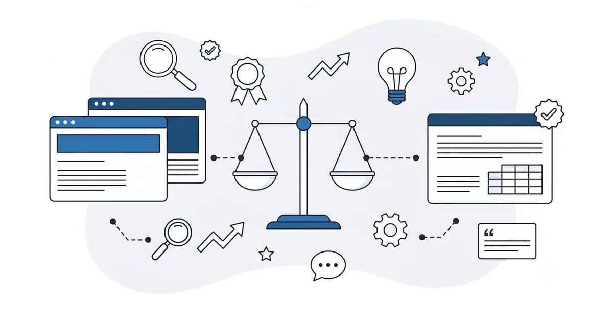 Balanced scale weighing two product pages into a cited comparison page AI engines reward.